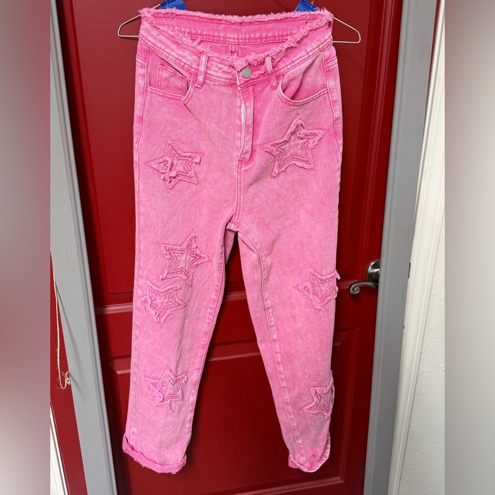 SHEIN Pink Star-Embellished Straight Leg Jeans